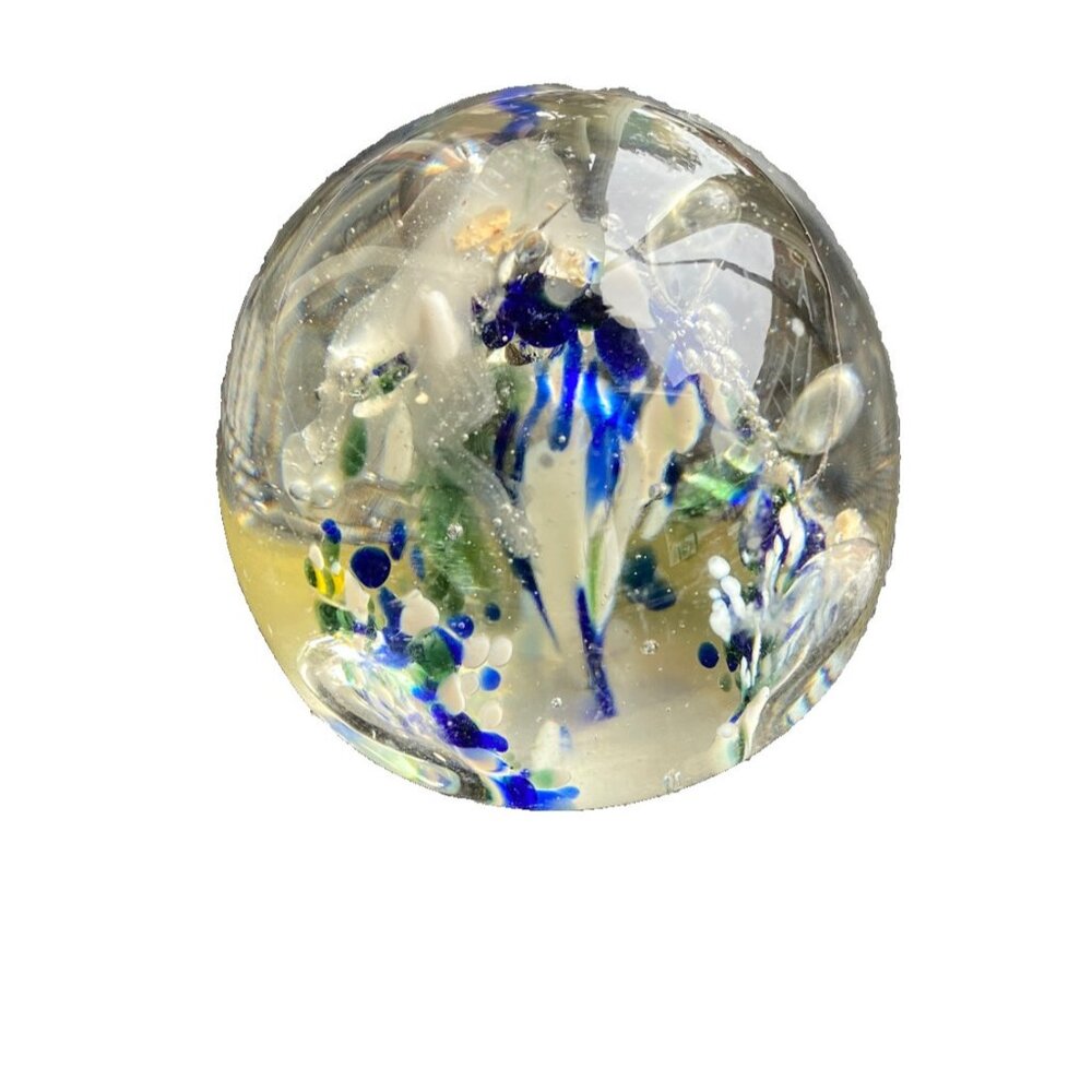 Vintage Small Swedish Incalmo Art Glass Paperweight Clear/Blue 2” (5.8 cm)